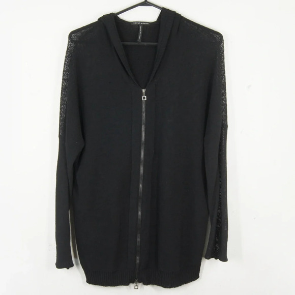 Sarah Pacini Black Sheer Mesh Knit Hooded Zip Up Sweater - Picture 1 of 5